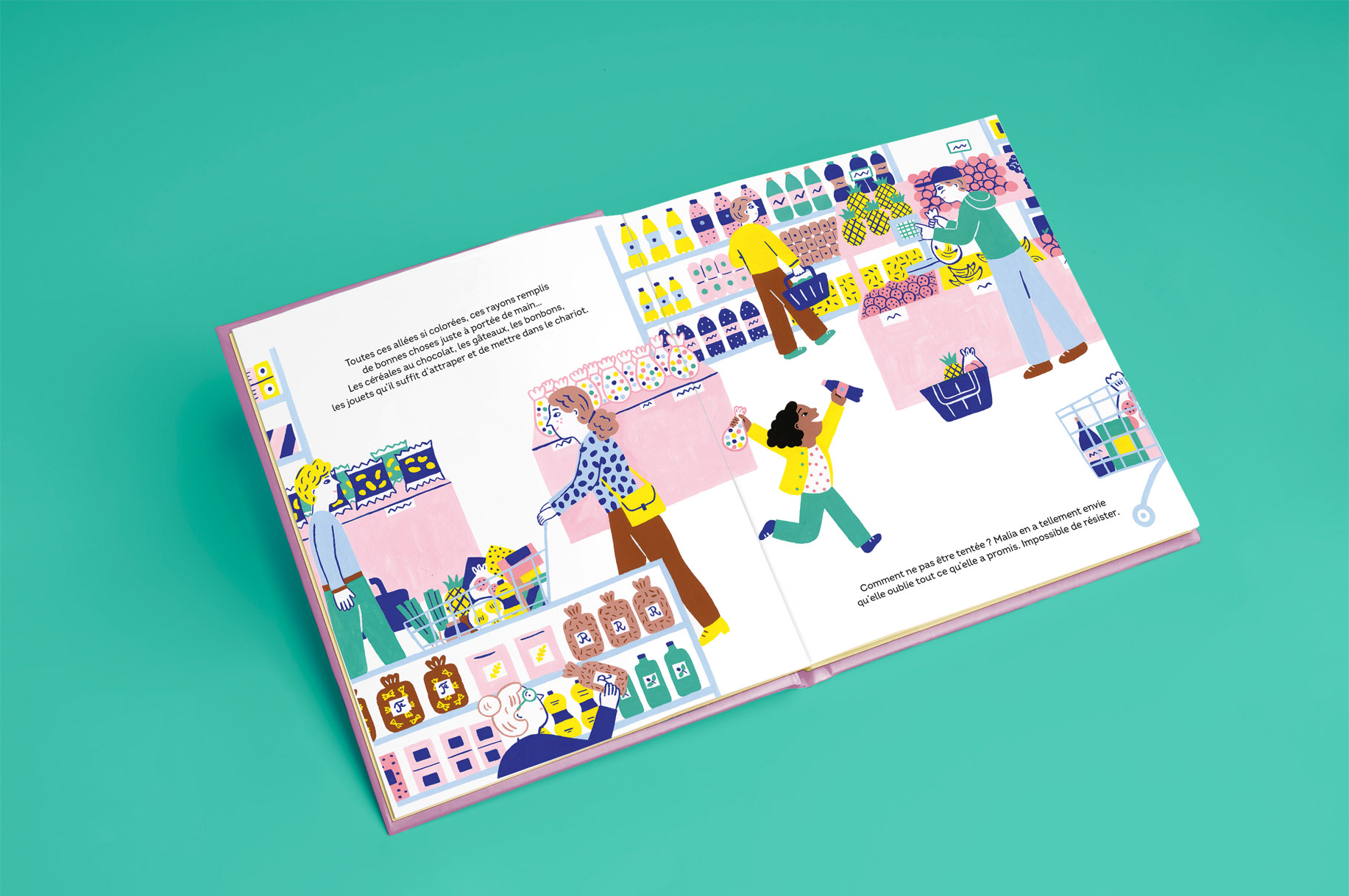 Illustrations pour l'album « Petite Crise au supermarché » chez Mango éditions