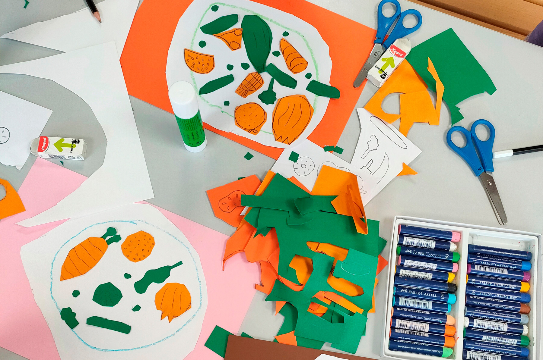 atelier artistique de création d'images au pastel gras et en papier découpé pour les enfantssur l'alimentation en lien avec mon album jeunesse Les légumes c'est pas bon !