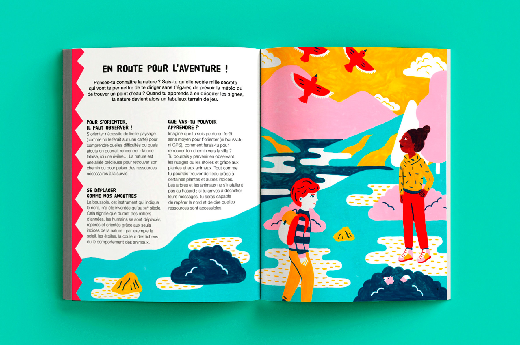 En route vers l'aventure : double-pages illustrées de l'album jeunesse documentaire Décodons les signes de la nature paru chez Vagnon éditions