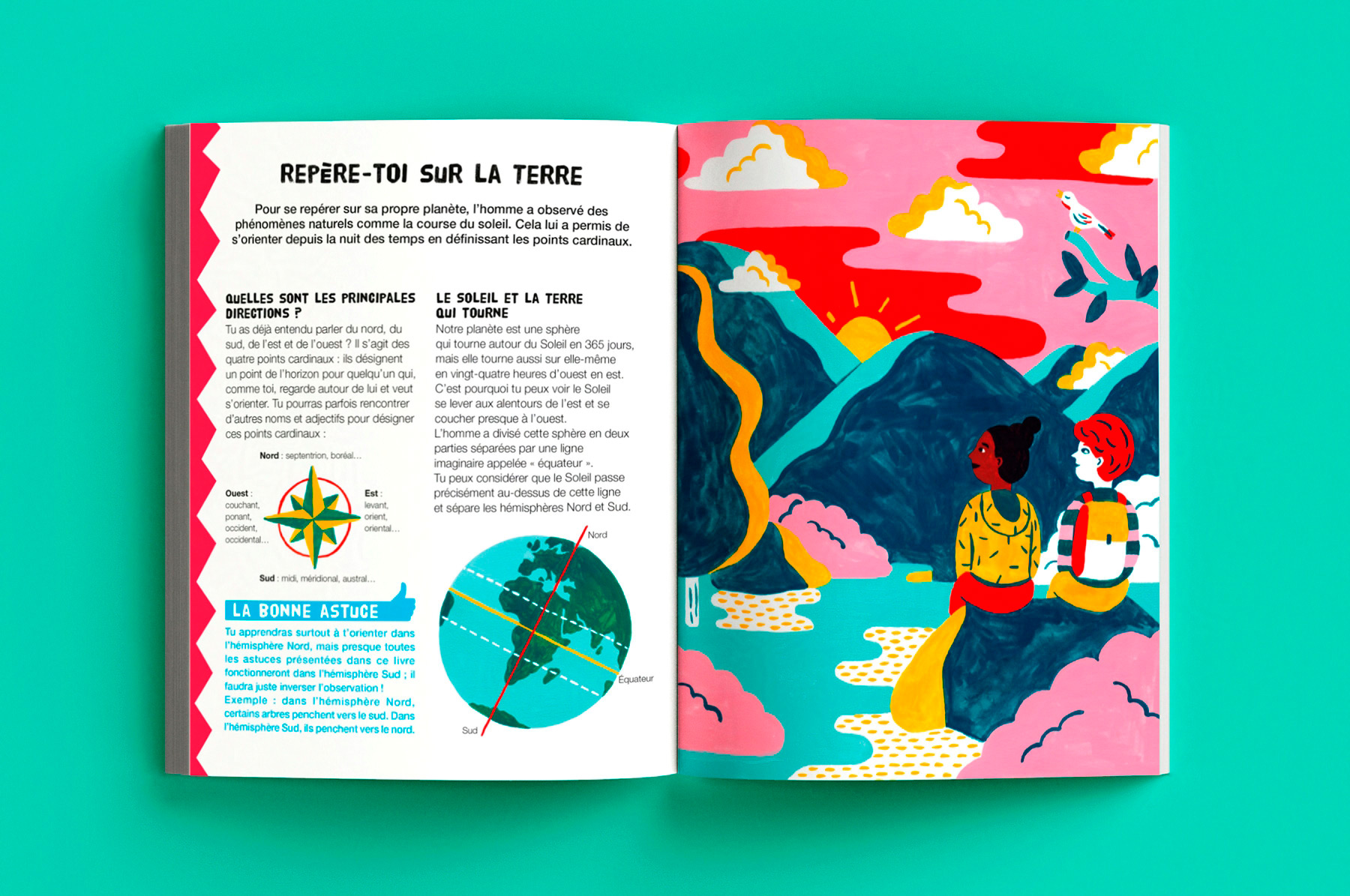 Repère-toi sur la Terre : double-pages illustrées de l'album jeunesse documentaire Décodons les signes de la nature paru chez Vagnon éditions