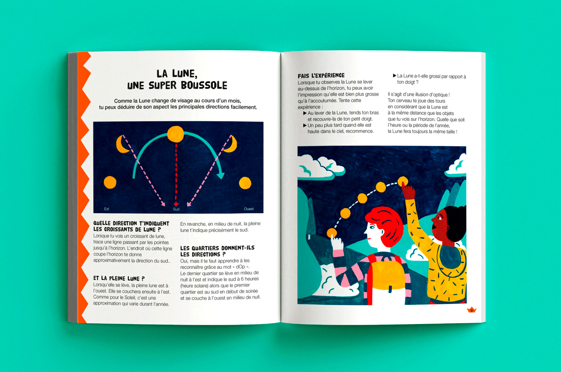 La lune, une super boussole : double-pages illustrées de l'album jeunesse documentaire Décodons les signes de la nature paru chez Vagnon éditions