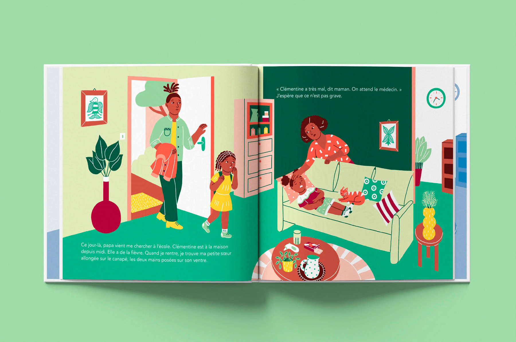 pages illustrées de l'album jeunesse Ma soeur à l'hôpital paru chez les éditions Hygée