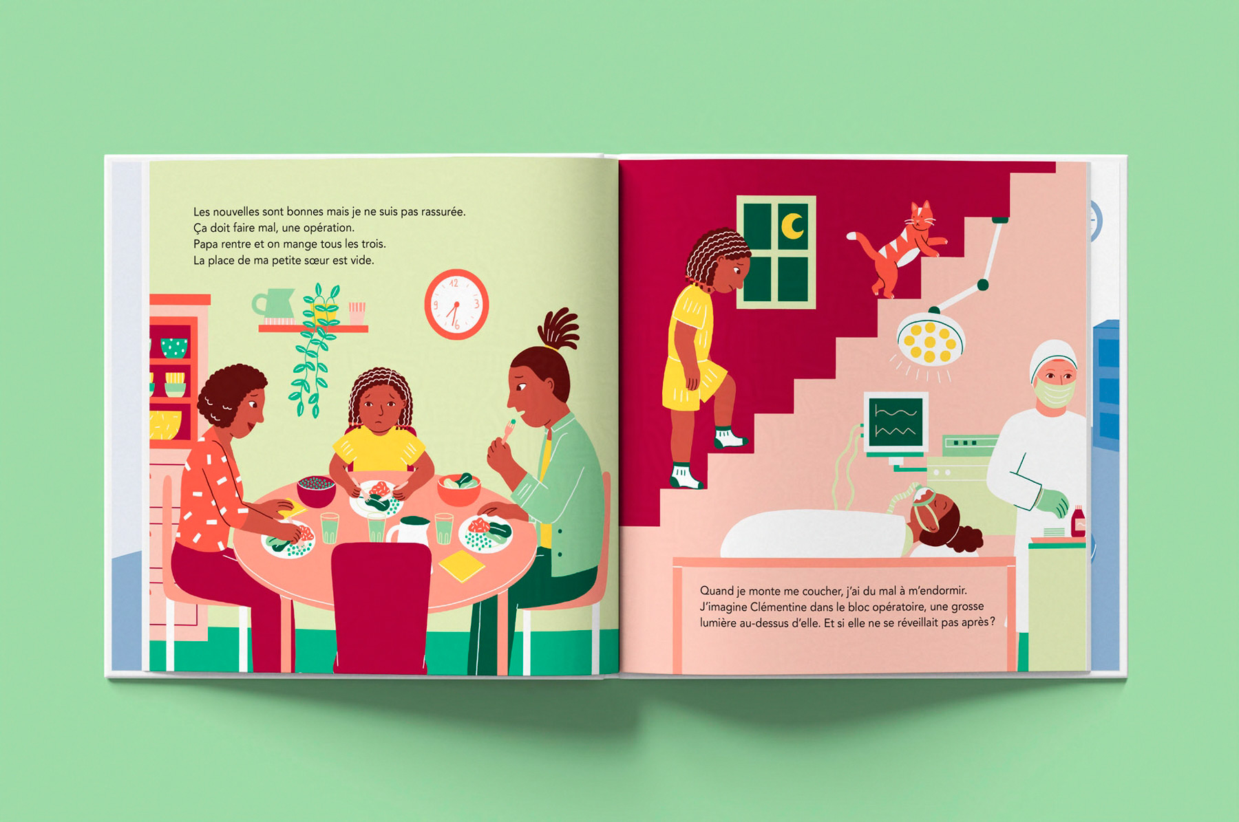 pages illustrées de l'album jeunesse Ma soeur à l'hôpital paru chez les éditions Hygée