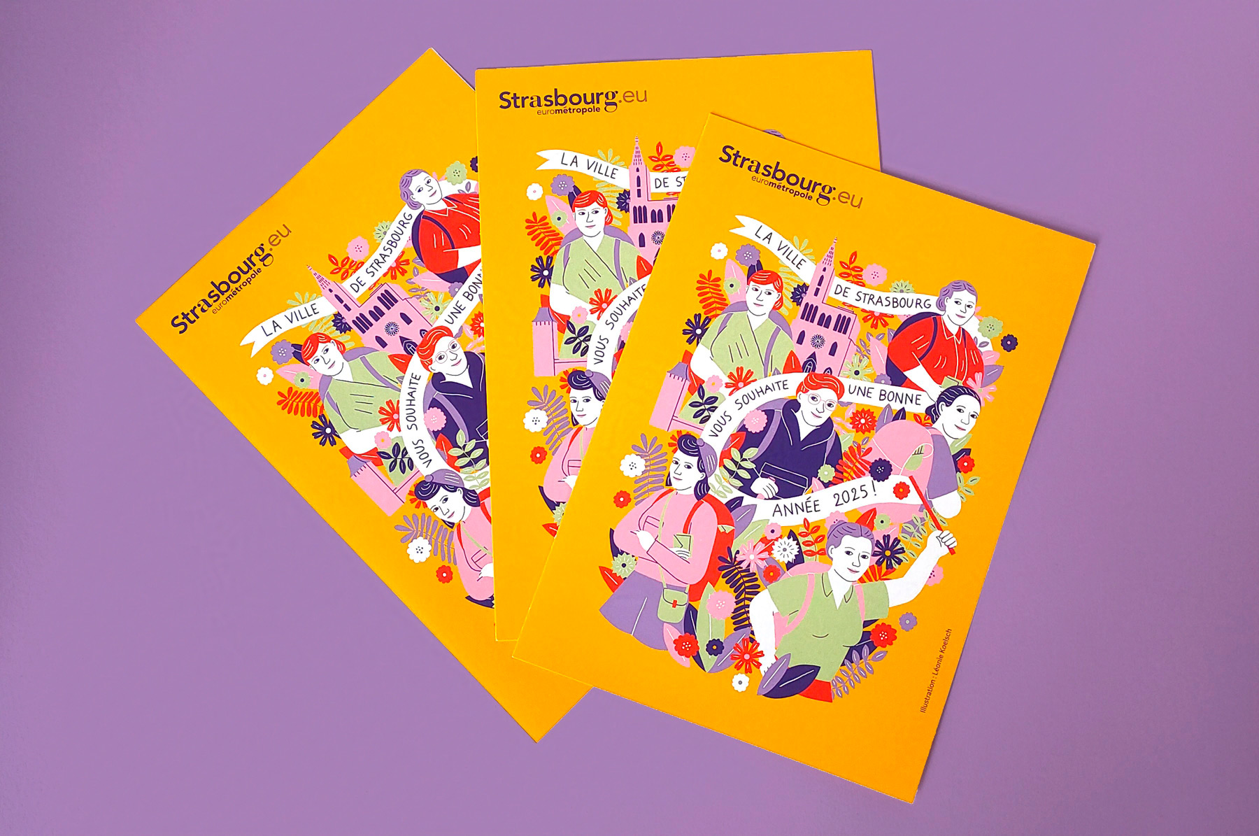 carte de voeux illustrée représentant des portraits de femmes résistantes pour la ville de Strasbourg