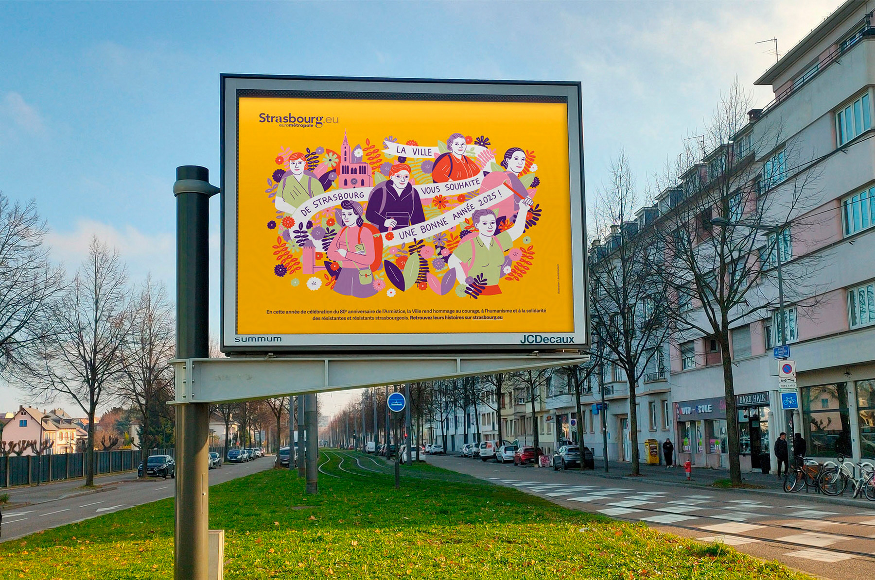 affiche illustrée dans la rue représentant des portraits de femmes résistantes pour la ville de Strasbourg