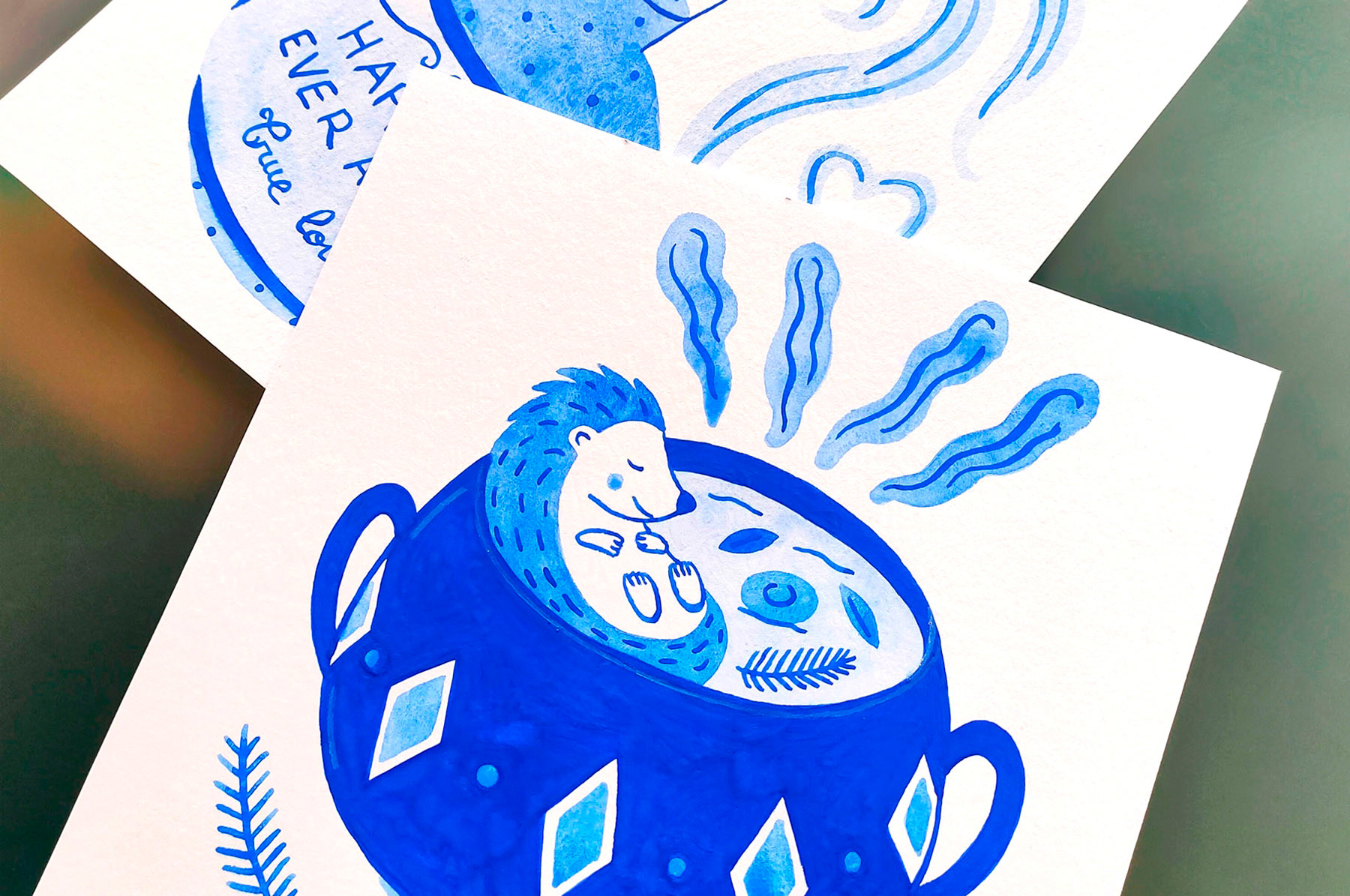 série de dessins à la peinture bleue pour le défi Inktober