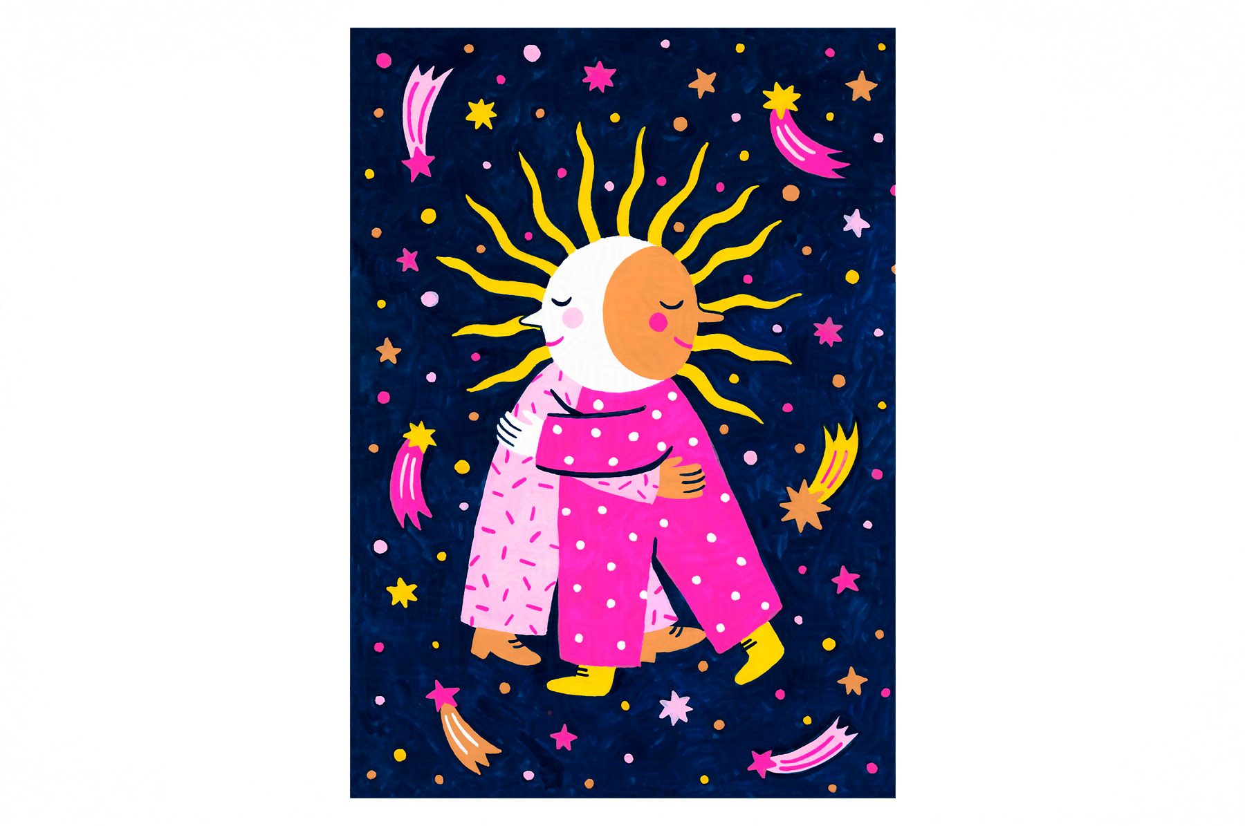 dessin créé à la peinture qui représente la lune et le soleil qui s'enlacent dans le ciel étoilé