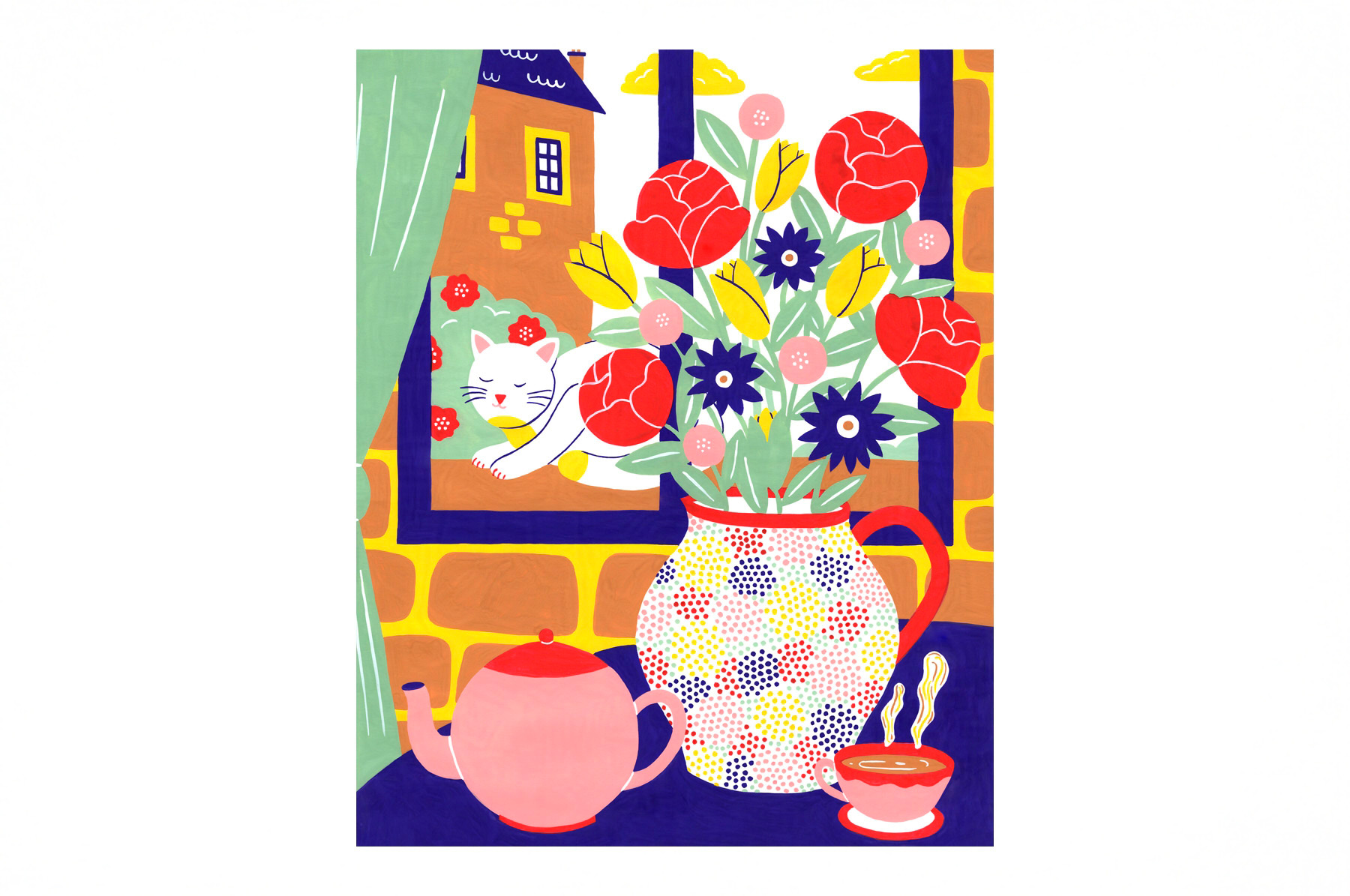 illustration d'une table sur laquelle est posée un bouquet de fleurs et une théière