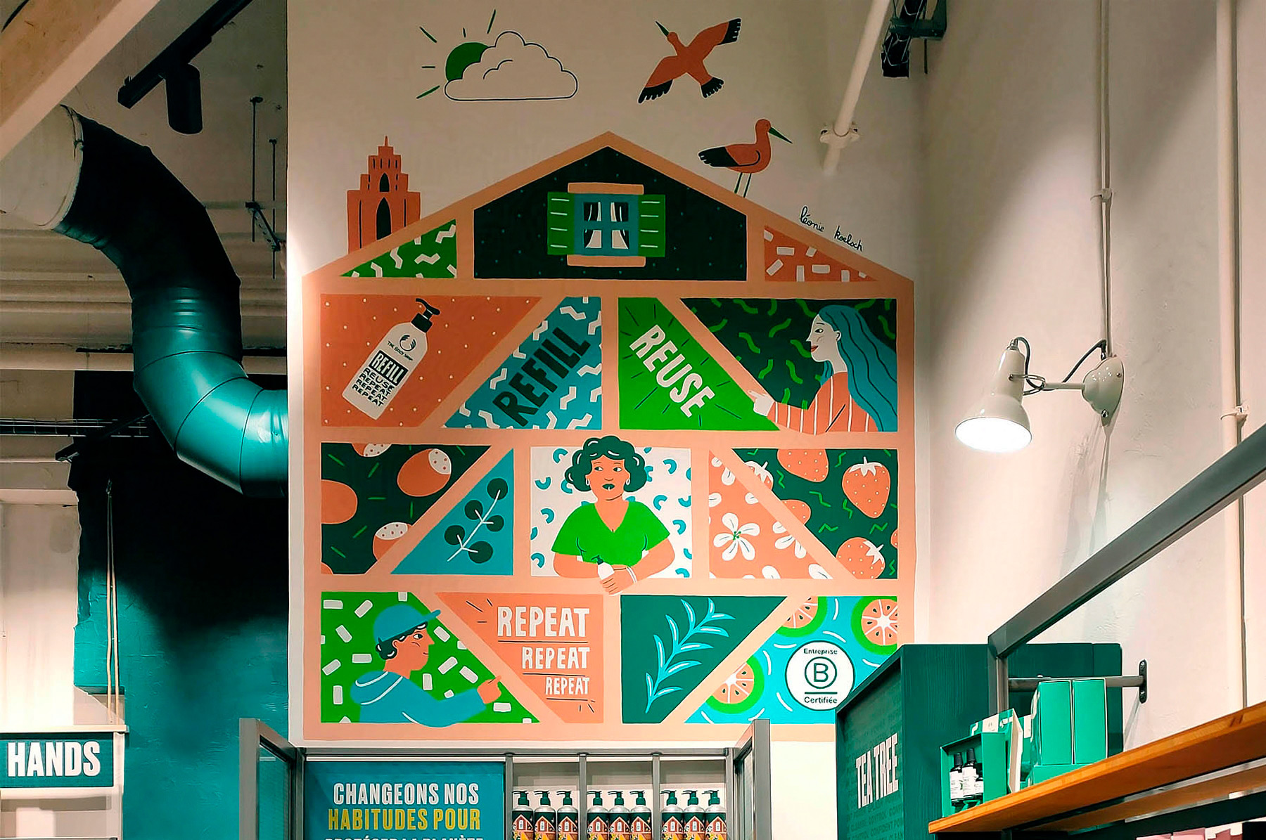 fresque murale intérieure réalisée à la peinture pour le magasin The Body Shop à Strasbourg