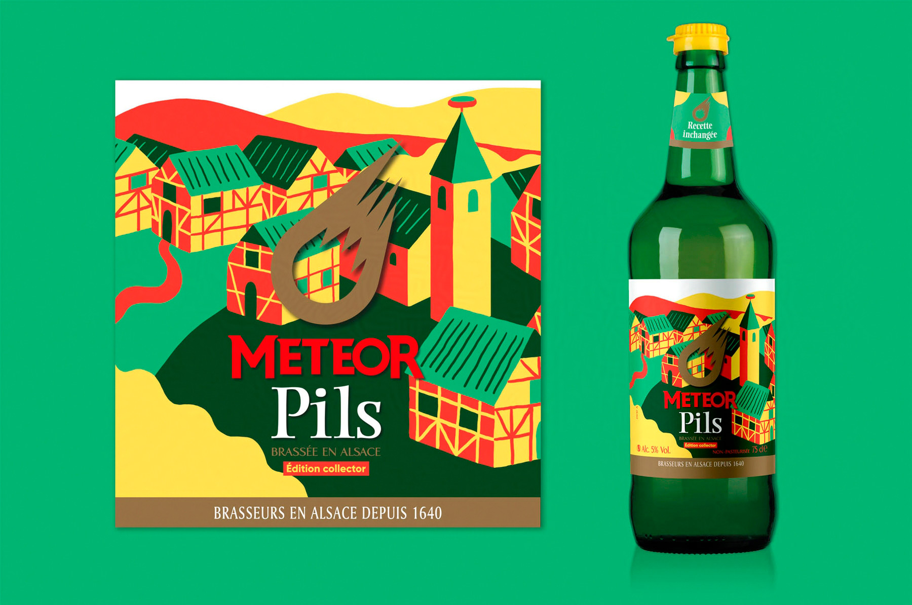 étiquette illustrée d'un village en Alsace sur une bouteille de bière Meteor