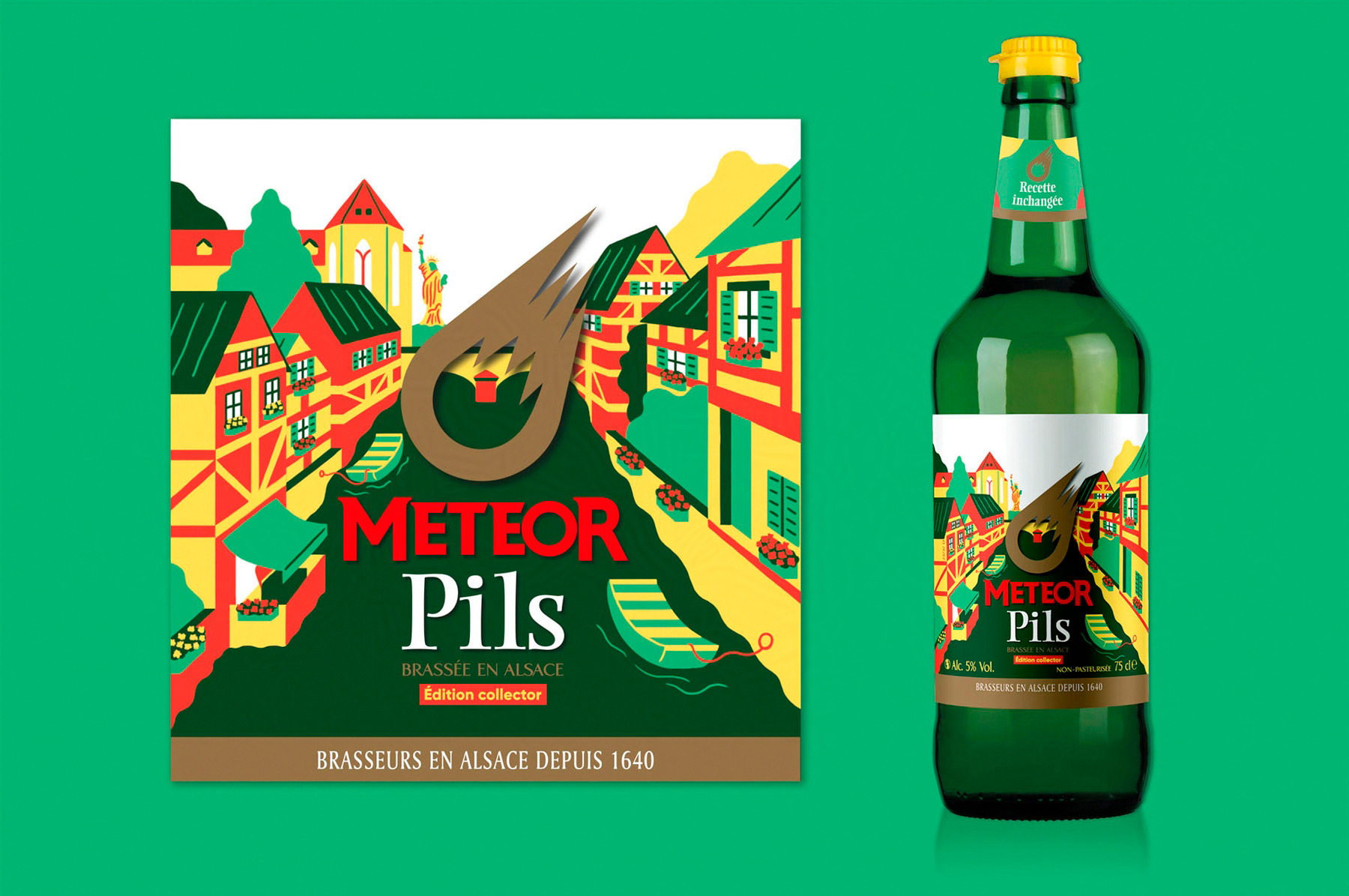 étiquette illustrée de la ville de Colmar sur une bouteille de bière Meteor