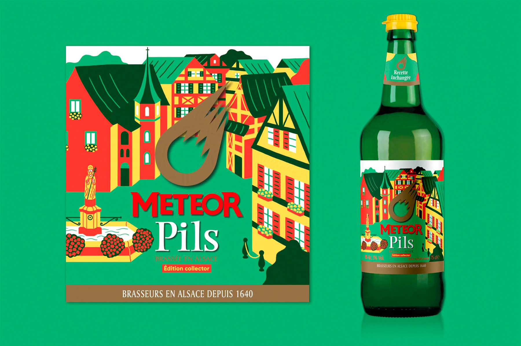 étiquette illustrée du village d'Eguisheim sur une bouteille de bière Meteor