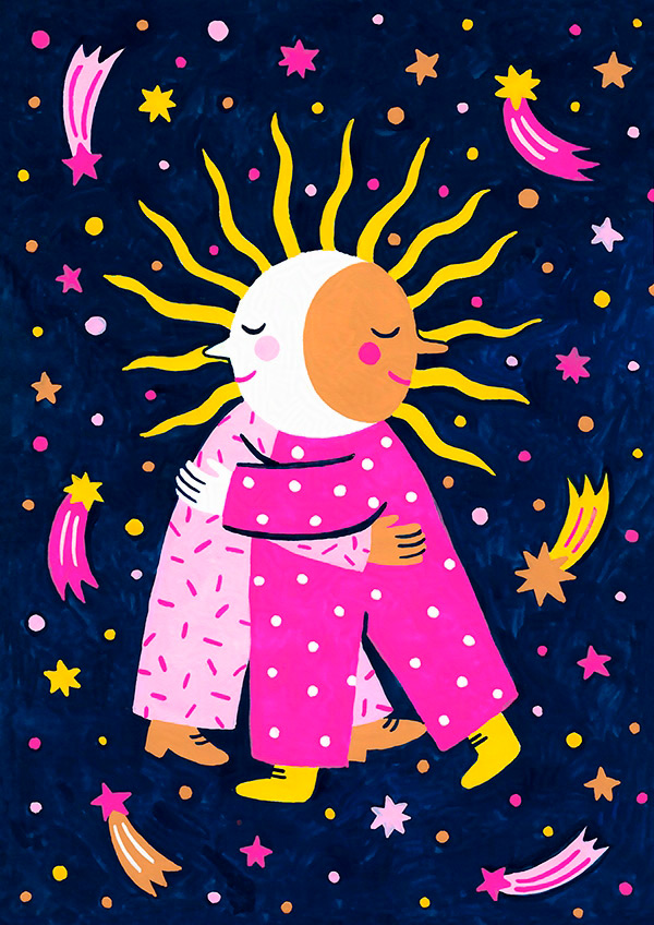 dessin à la peinture de la lune et du soleil qui se rencontrent pendant une éclipse