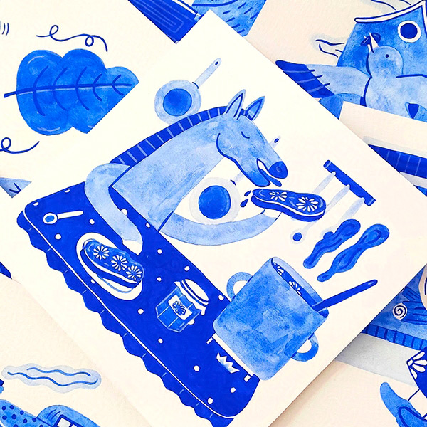 dessins à la gouache réalisés pour le défi Inktober