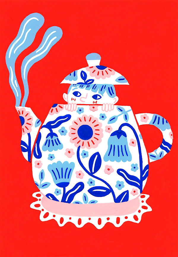 dessin à la peinture d'un personnage qui se cache dans une théière fleurie