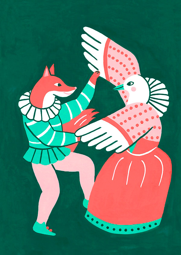 dessin à la peinture d'un renard et d'une colombe qui dansent lors dun bal