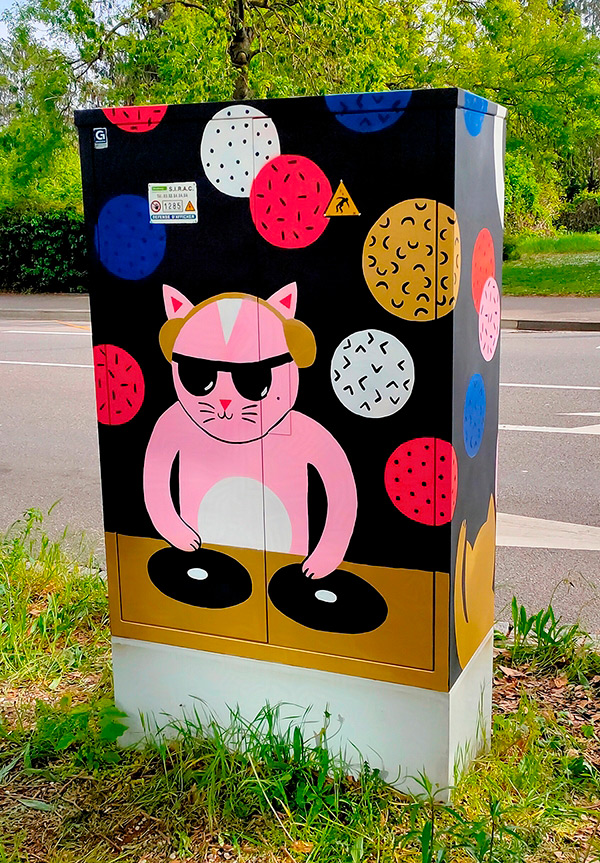 fresque murale extérieure à la peinture représentant un chat DJ pour l'association de street-art Colors Urban Art