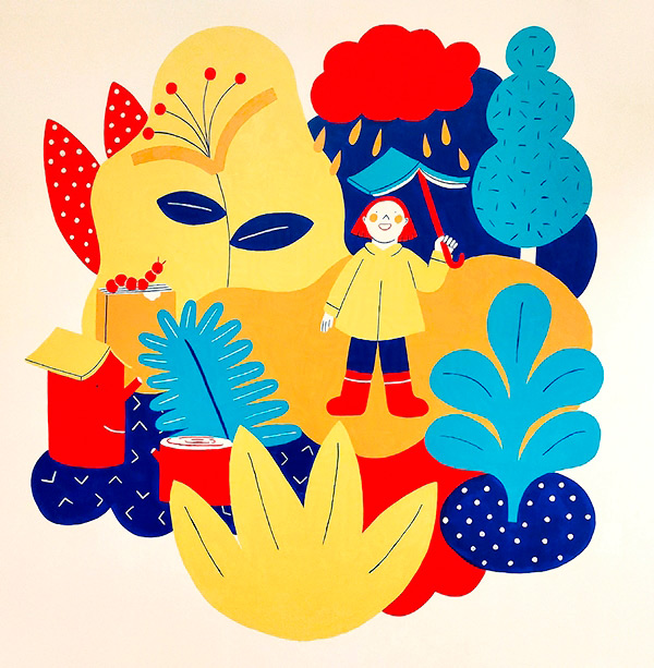 fresque murale intérieure représentant des animaux et des livres pour la médiathèque de Marlenheim