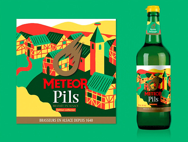 illustration d'un village alsacien pour des étiquettes de bouteille de bière Meteor