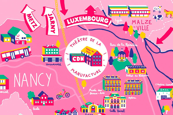 carte de vœux illustrées représentant des lieux emblématiques de la ville de Nancy pour le CDN, théatre de la manufacture