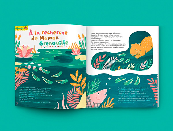 illustration d'une histoire sur le thème des grenouilles parue dans le magazine jeunesse La petite salamandre