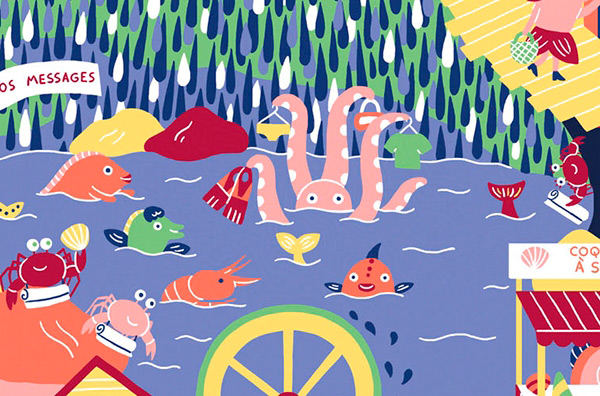 illustration d'un univers aquatique pour une page de jeux du magazine jeunesse J'apprends à lire