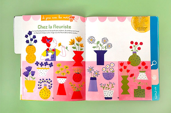 illustration pour une page de jeux représentant une fleuriste pour le magazine Ma maison Montessori