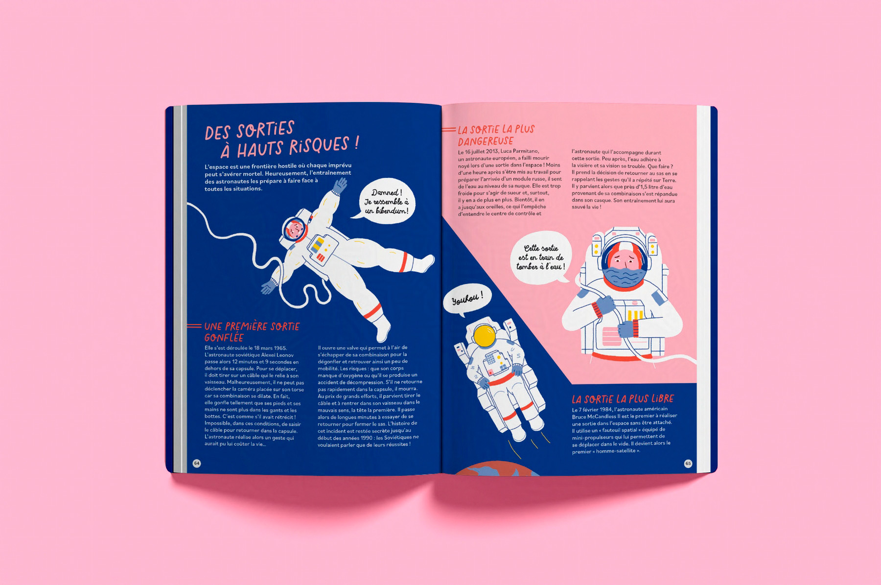 Pages d'illustrations du livre documentaire jeunesse sur le thème de l'espace Dans la peau d'une astronaute paru chez les éditions Casterman