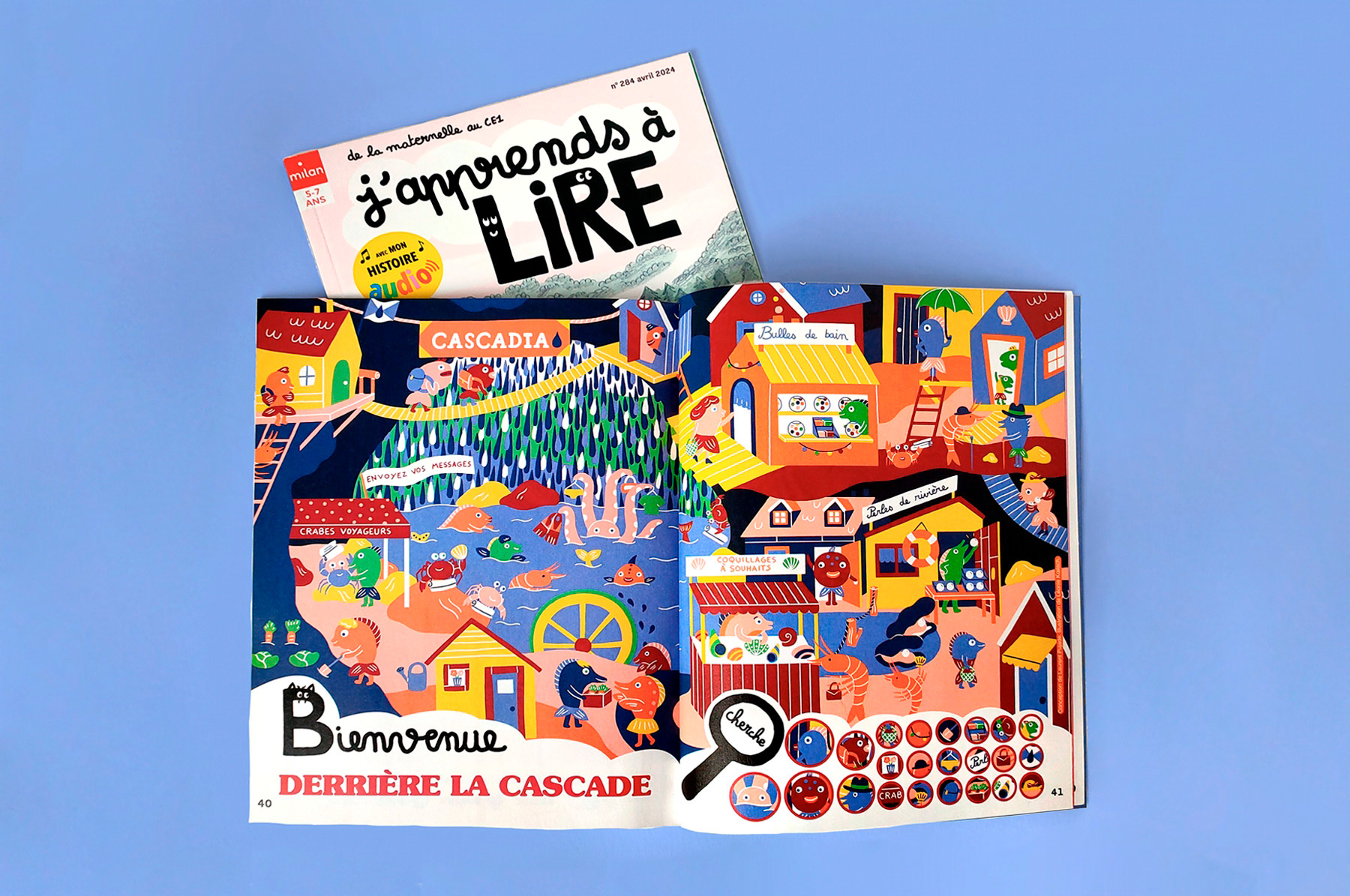 double-page illustrée de la rubrique jeux du magazine J'apprends à lire sur le thème aquatique