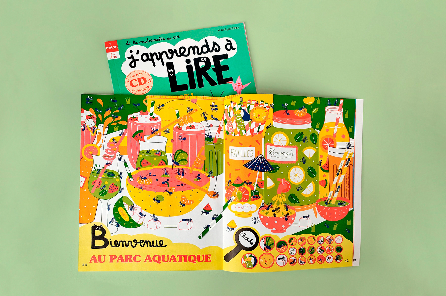 double-page illustrée de la rubrique jeux du magazine J'apprends à lire sur le thème des fourmis